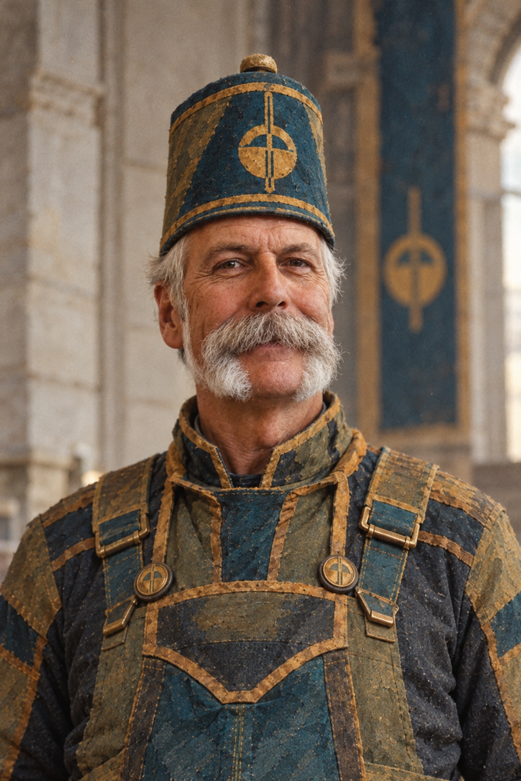 Archival photograph of Gen. Regent Crims with a broad white moustache, sideburns, tall civic hat, and ceremonial reclamation overalls.