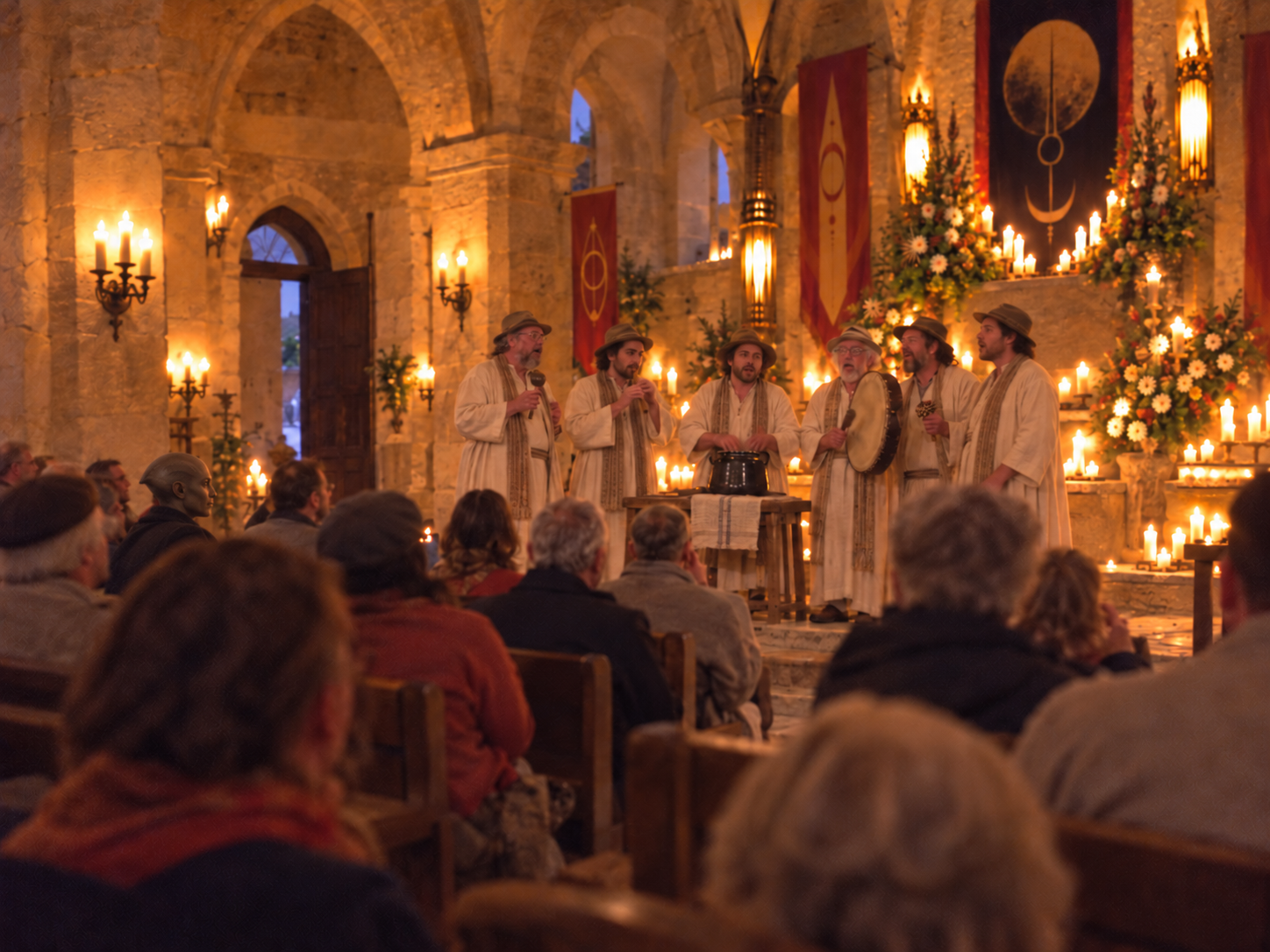A distant view from the opposite side of the candlelit stone hall: six younger and older men in pale robes and brimmed hats perform with a black tin kettle, Karo Flute, frame drum, shaker, and voices beyond rows of seated listeners.